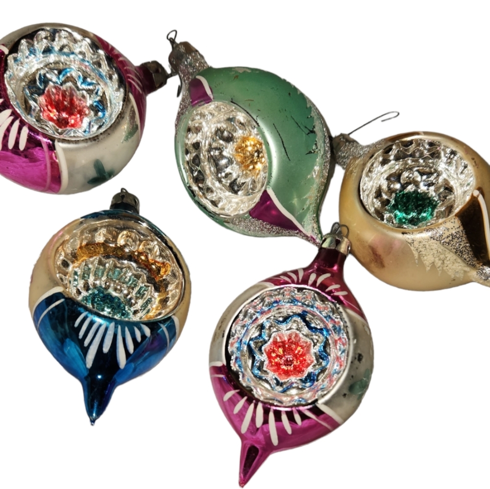 Vintage 50s Poland Teardrop Mercury Glass Handmade Christmas Ornaments. Lot of 5